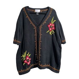 EUC SUSAN GRAVER STYLE Embroidered and Beaded Short-Sleeved Floral Sweater - 3X
